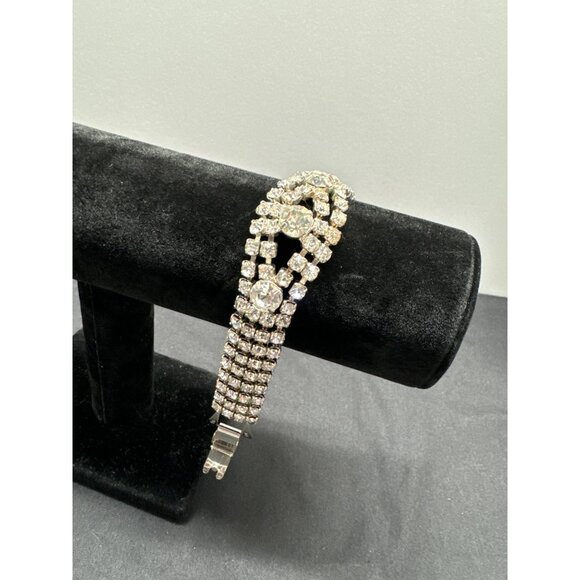 Vintage Rhinestone Bracelet With Silver-Tone Fold Over Clasp - Picture 2 of 6